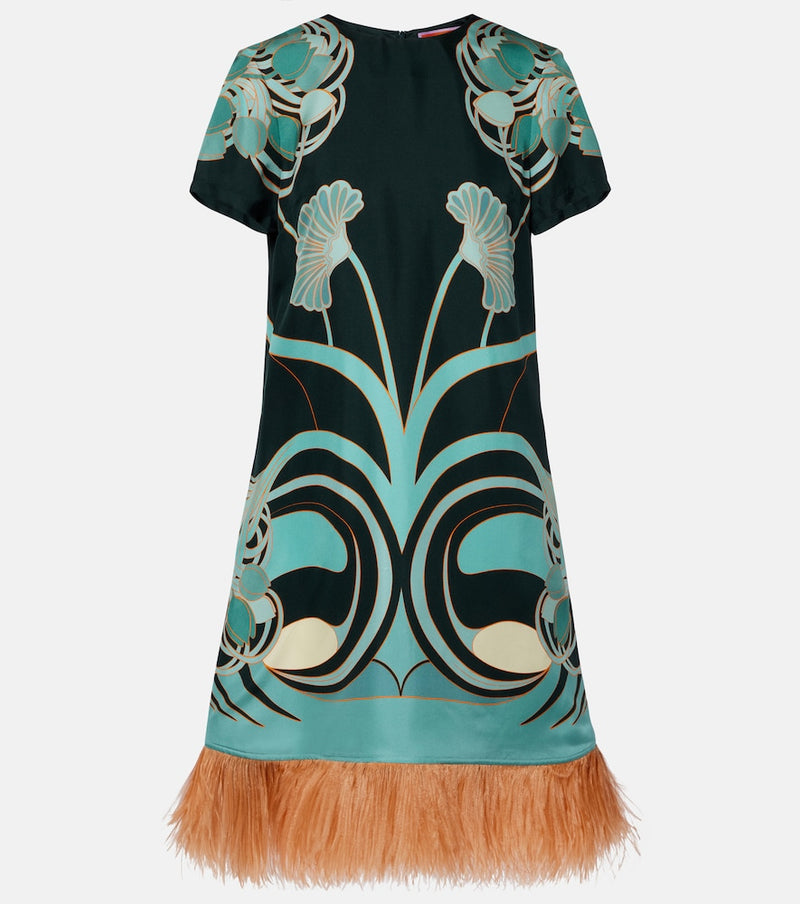 La DoubleJ Swing feather-trimmed floral silk twill minidress