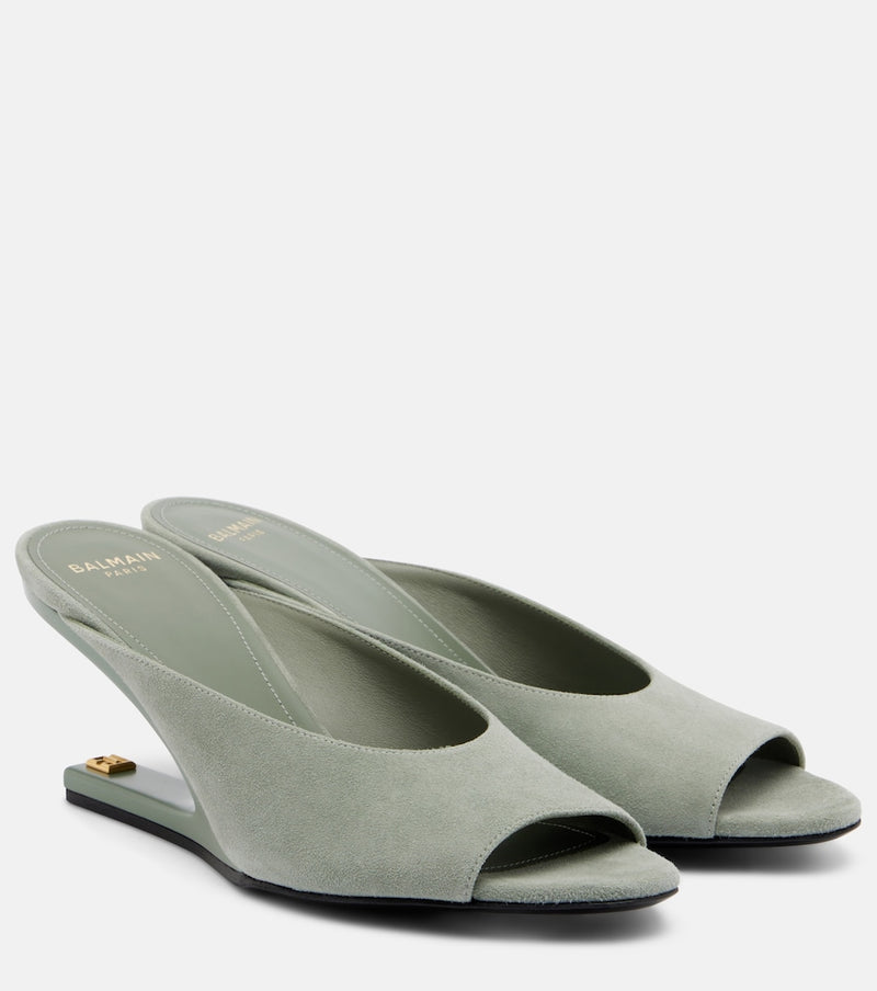 Balmain Suede cutout wedge mules