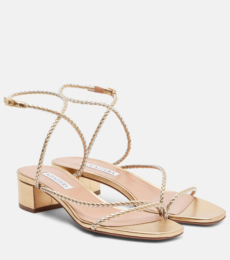 Aquazzura Luca braided metallic leather sandals in Soft Gold