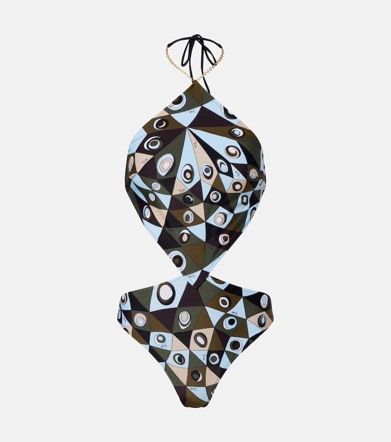 Pucci Occhi cutout halterneck swimsuit in Khaki Blue
