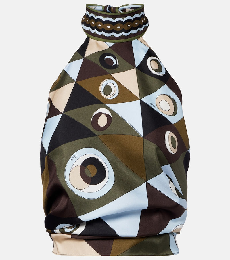 Pucci Occhi halterneck open-back silk twill top in Khaki Blue