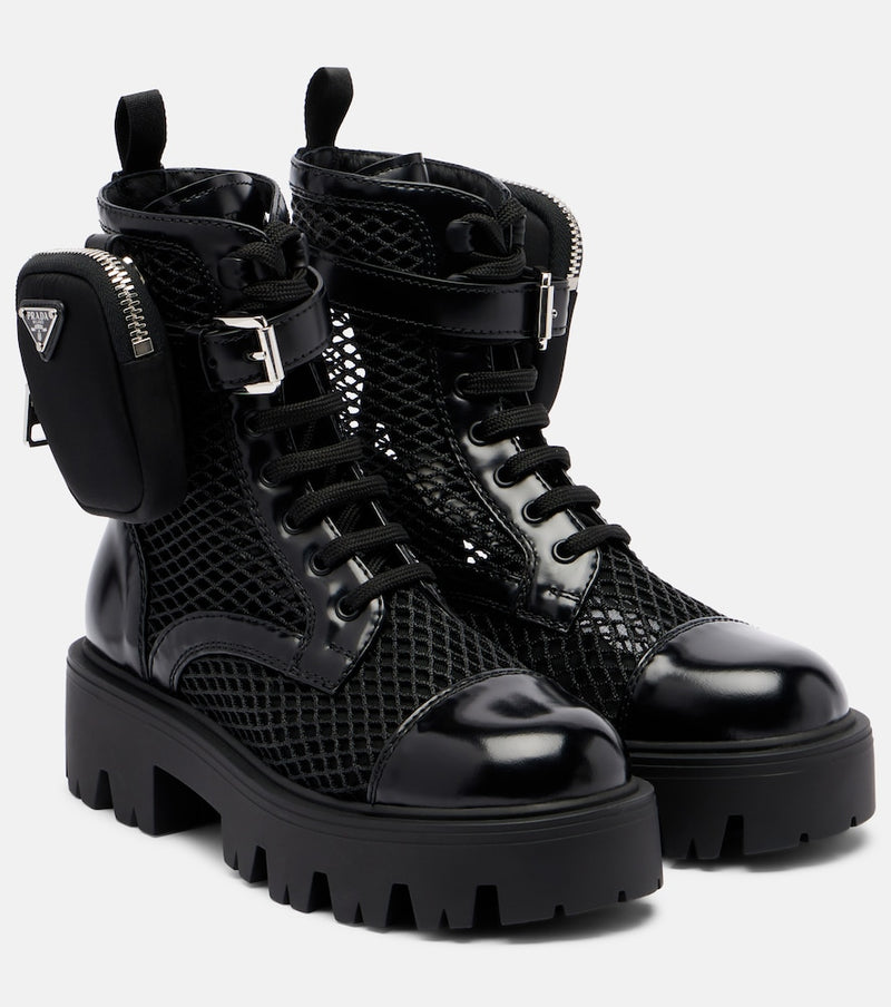 Prada Leather-trimmed mesh combat boots