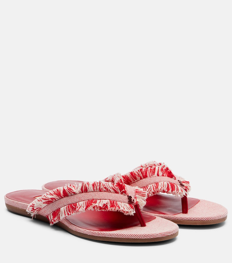 Jimmy Choo Bay fringed canvas thong sandals in Ruby Red Mix