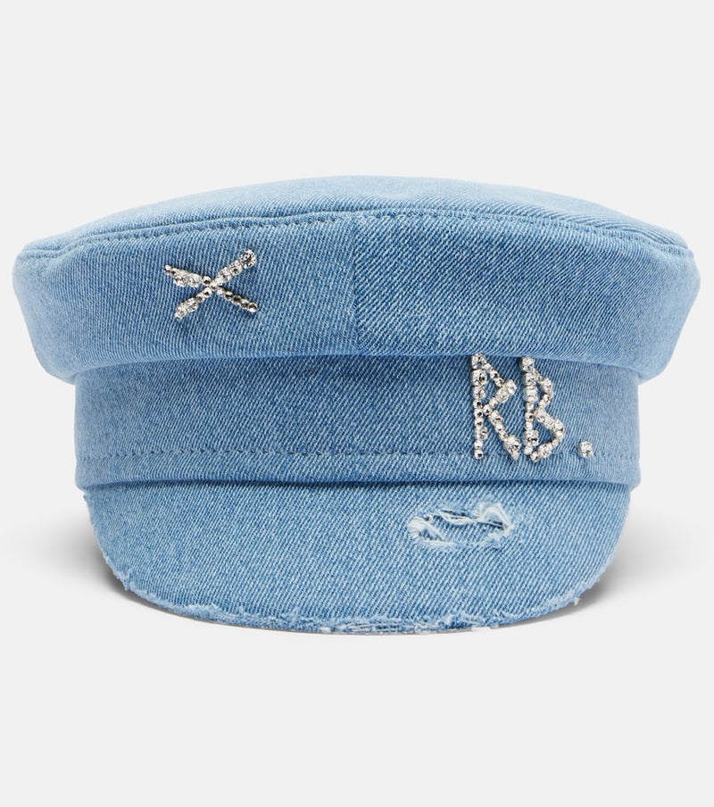 Ruslan Baginskiy Embellished distressed denim newsboy hat