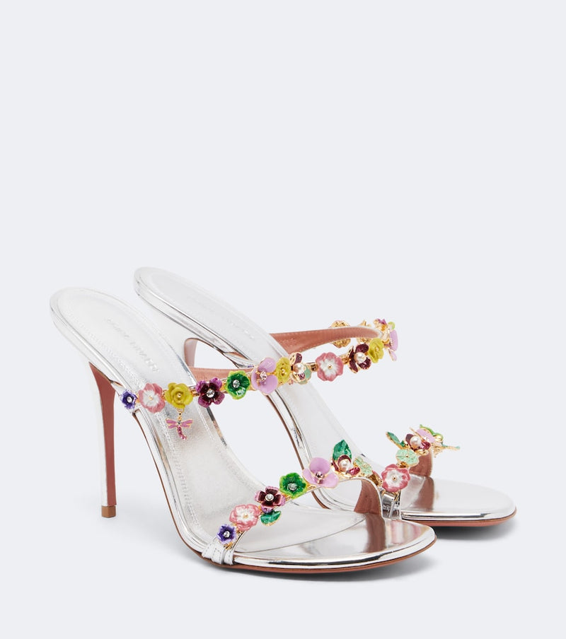 Amina Muaddi Vittoria floral embellished sandals in Silver + Multi Flowers