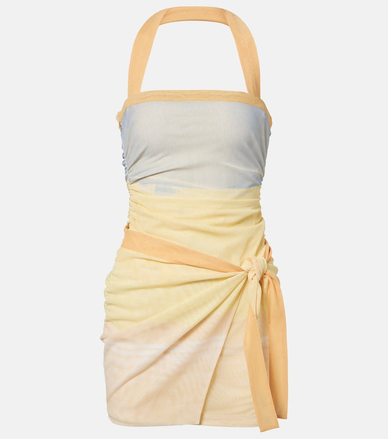 SIR Printed halterneck mesh minidress in Breeze Wave