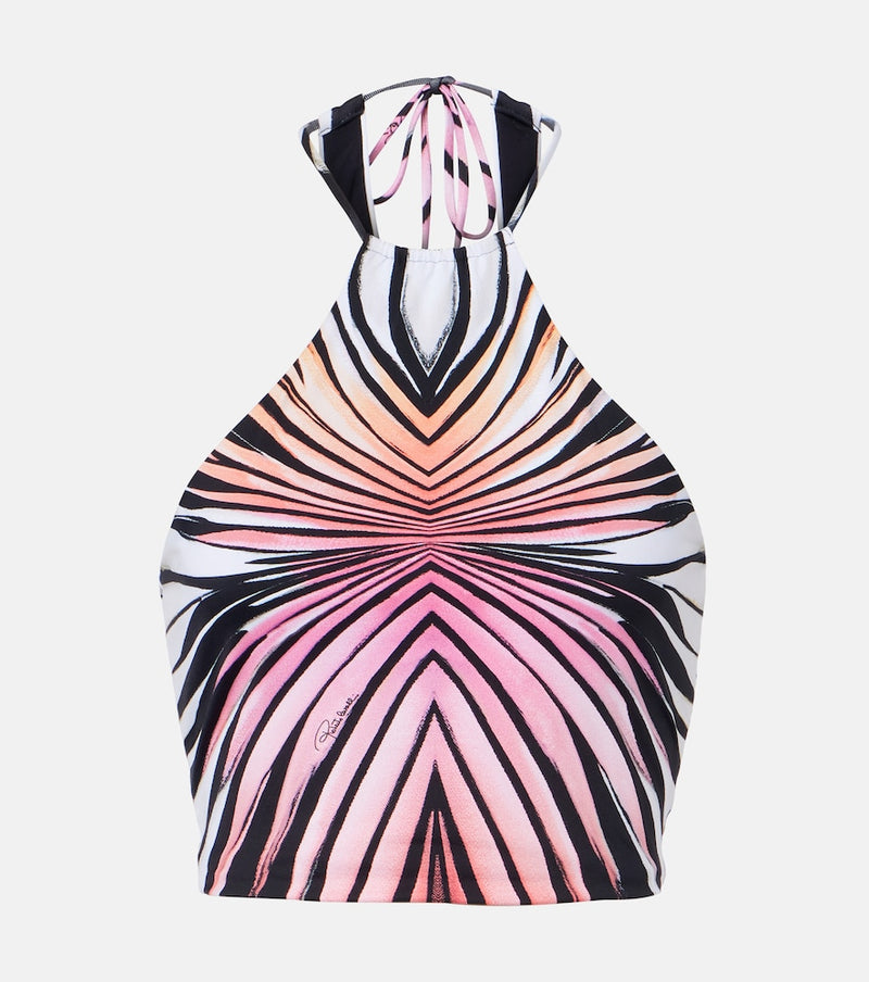 Roberto Cavalli Printed halterneck mesh crop top
