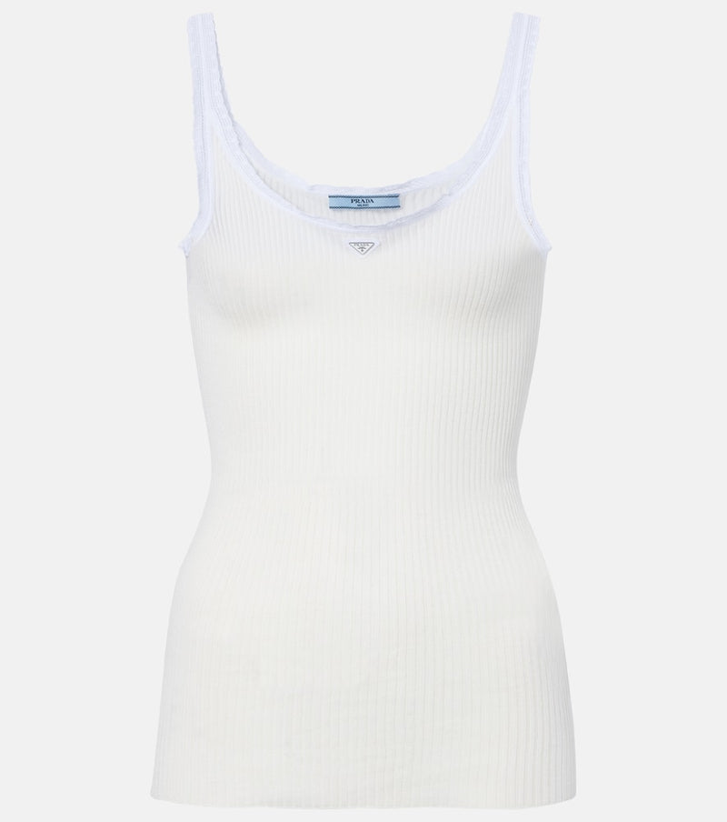 Prada Lace-trimmed ribbed-knit cotton tank top