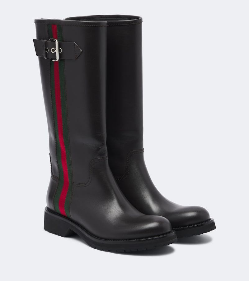 Gucci Web Stripe leather biker boots