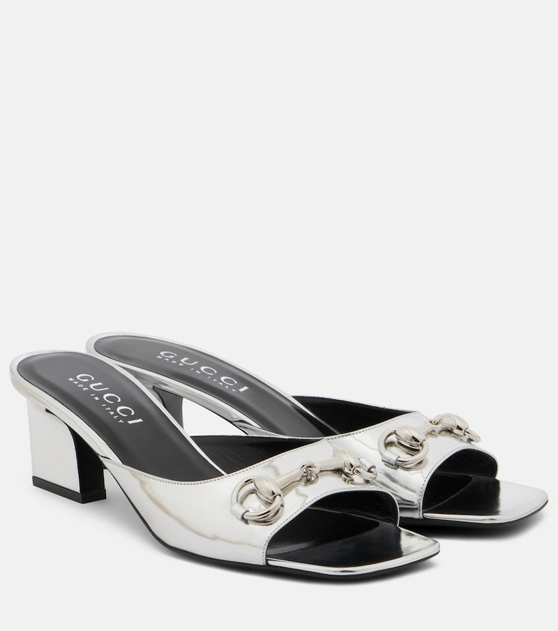 Gucci Signora Horsebit metallic leather mules in Silver