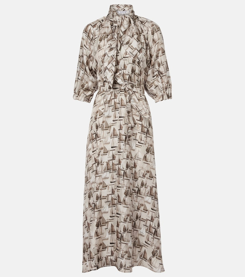 Max Mara Printed tie-neck silk twill midi dress