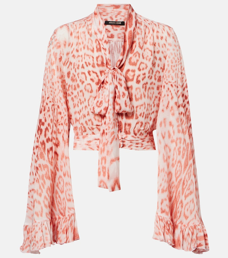 Roberto Cavalli Leopard-print tie-neck jersey blouse in Pink