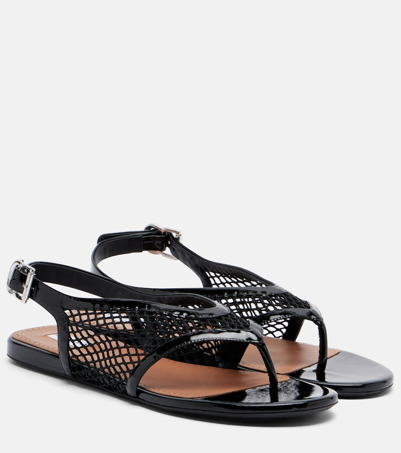 Alaia Leather-trimmed fishnet thong sandals