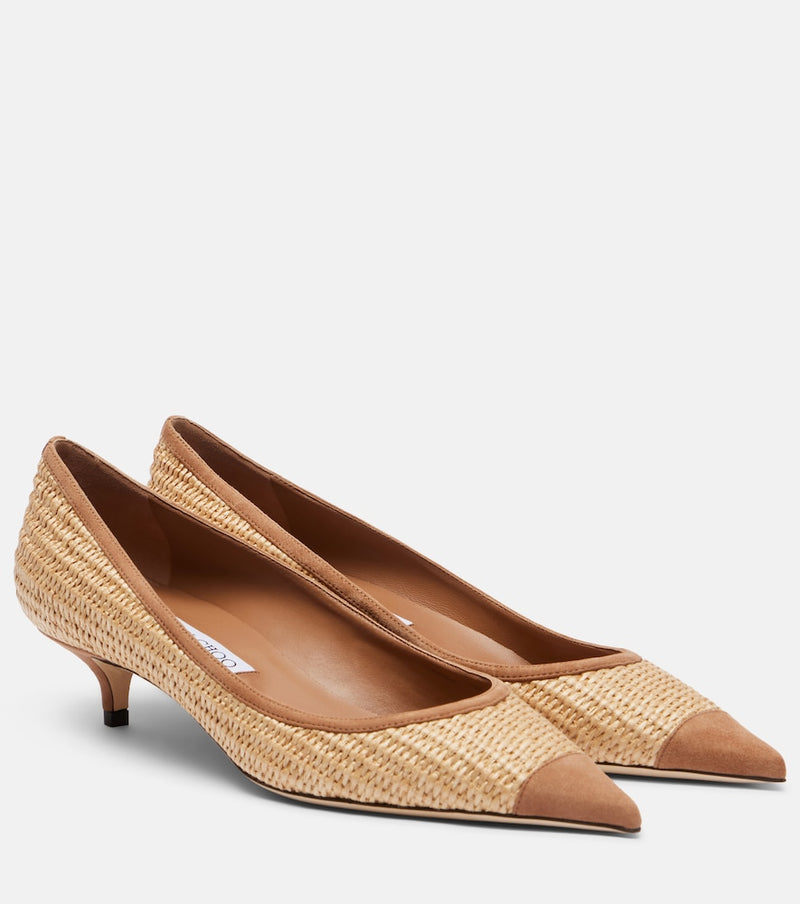 Jimmy Choo Amelia suede-trimmed raffia pumps in Natural
