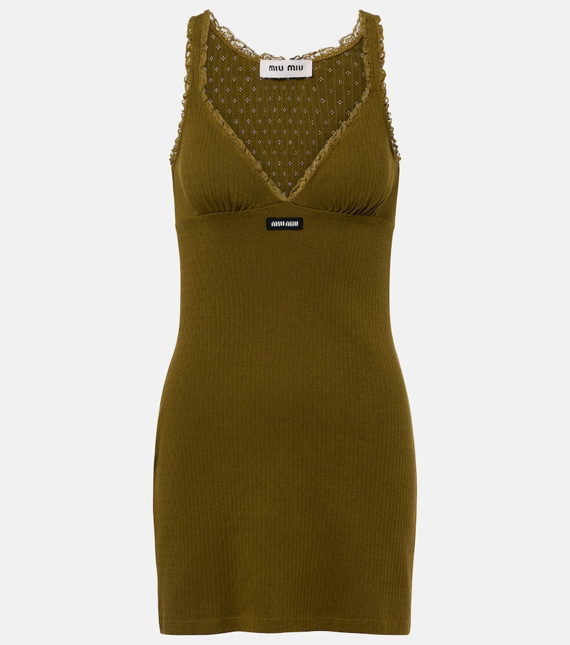 Miu Miu Lace-trimmed pointelle cotton minidress