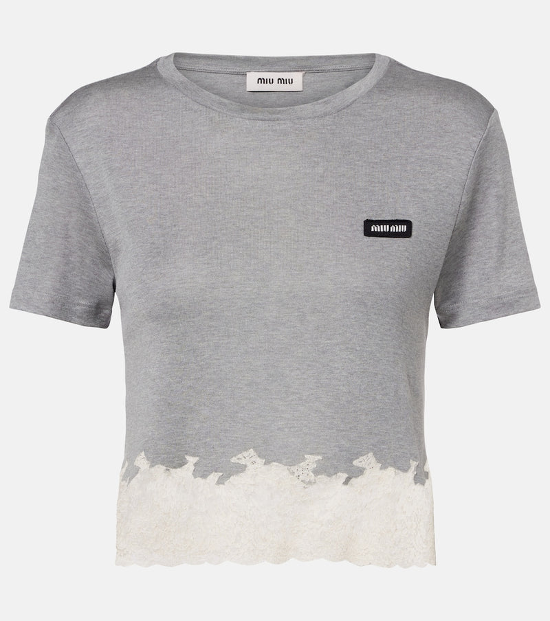 Miu Miu Lace-trimmed silk jersey crop top in Grigio