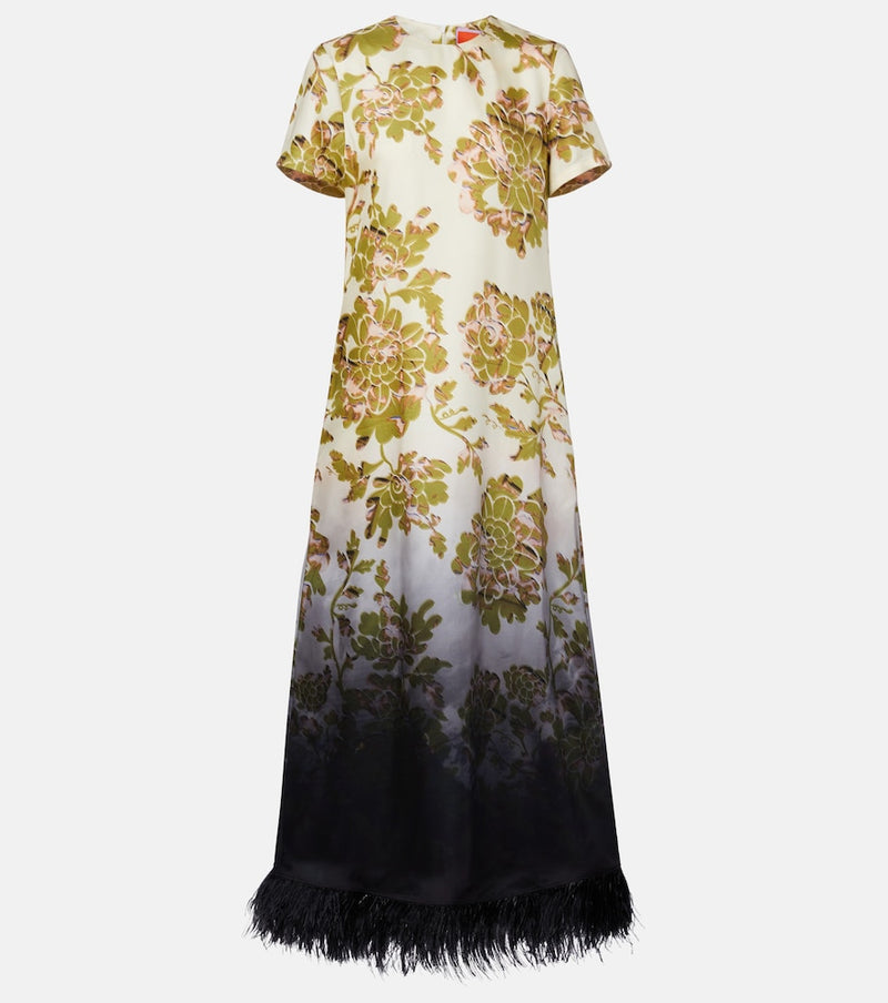 La DoubleJ Swing feather-trimmed floral silk twill maxi dress