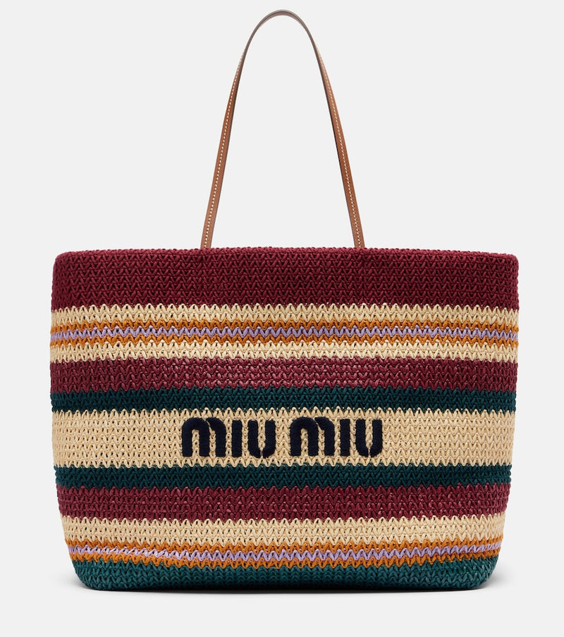 Miu Miu Striped woven raffia-effect tote bag