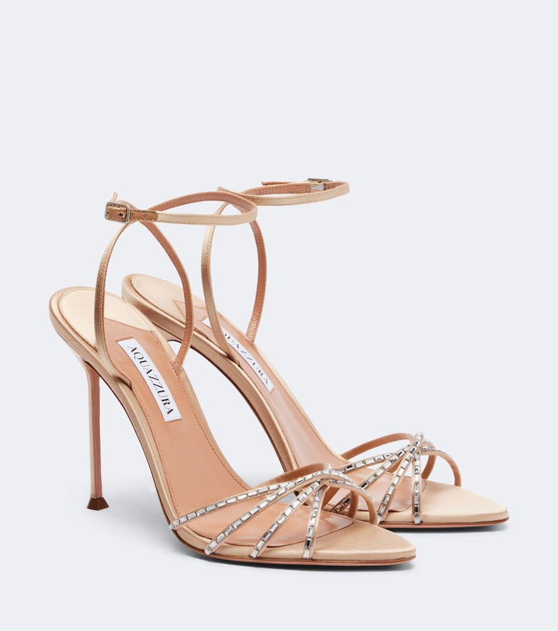 Aquazzura Tell Me Crystal satin sandals in Warm Beige