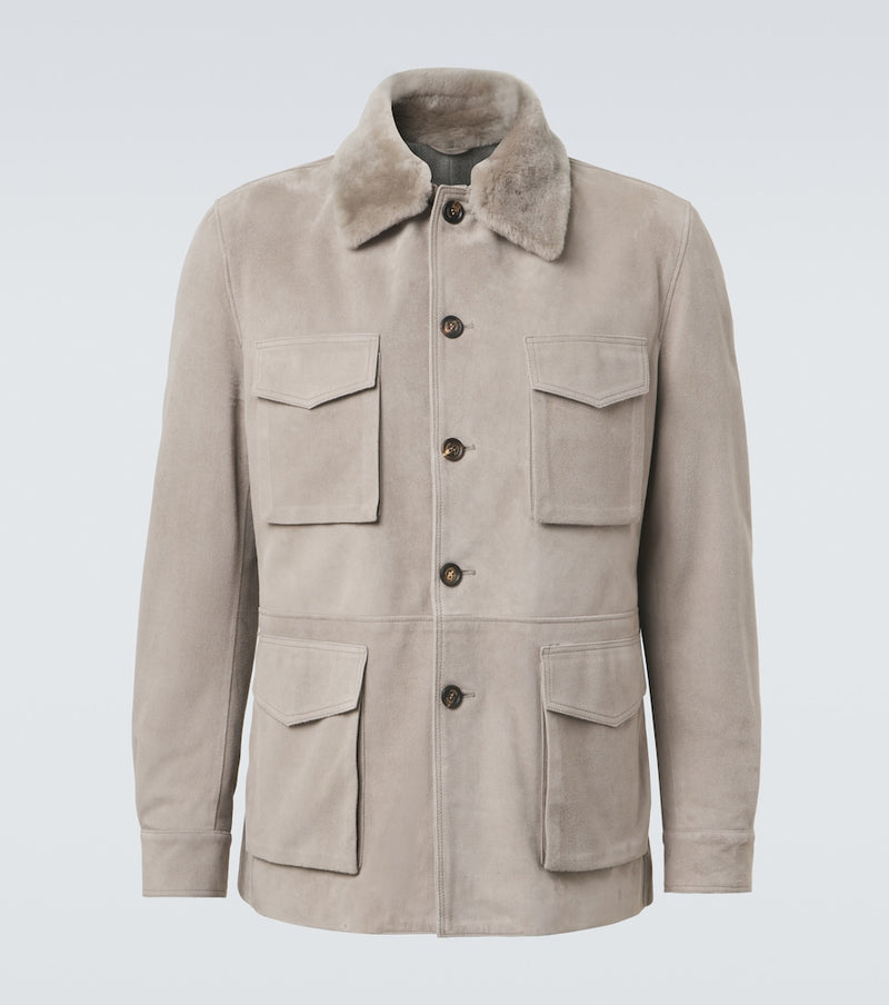 Eleventy Shearling-trimmed suede field jacket