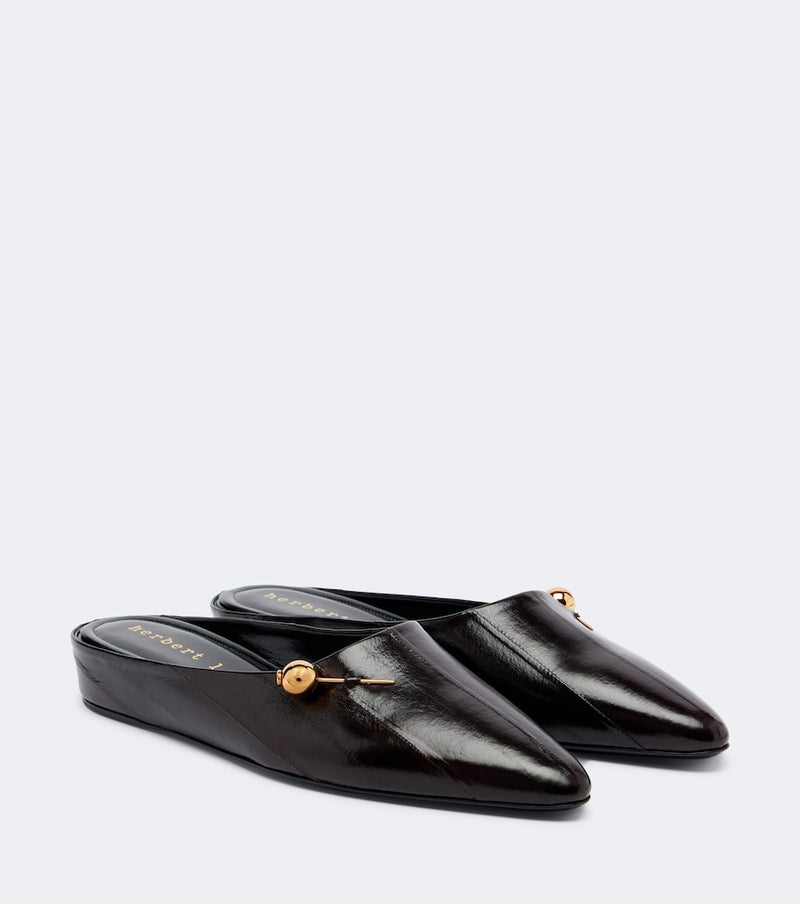 Herbert Levine Sleep On It leather mules — dark brown leather mules with gold ball hardware detail