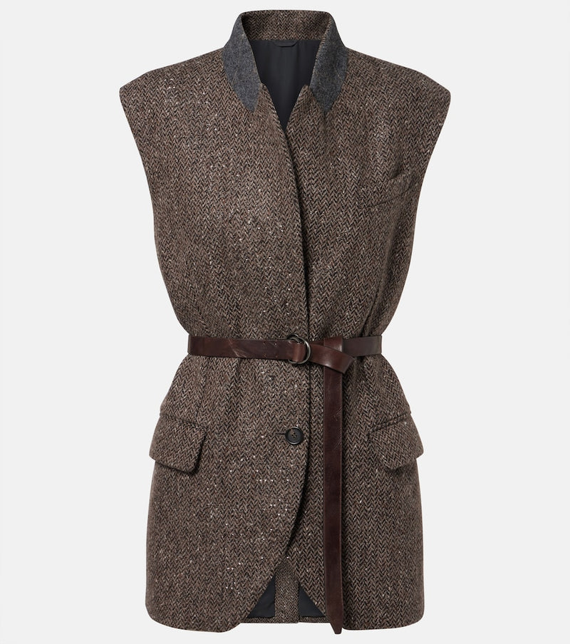 Brunello Cucinelli Monili herringbone sequined wool-blend vest — brown herringbone vest with belted waist and grey collar detail