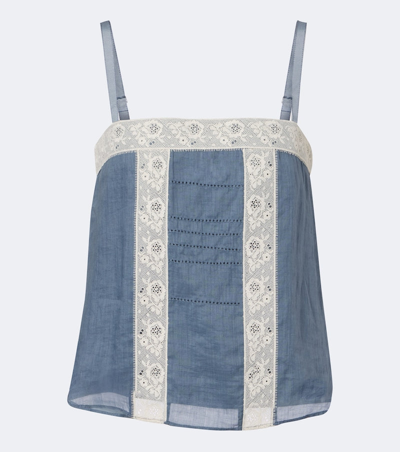 Veronica Beard Olivana lace-trimmed ramie top — blue camisole top with cream lace panel trim