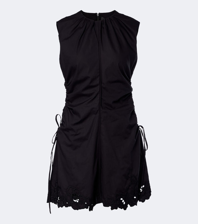 SIR Klara ruched cotton minidress — black sleeveless minidress with side ruching and scalloped lace hem