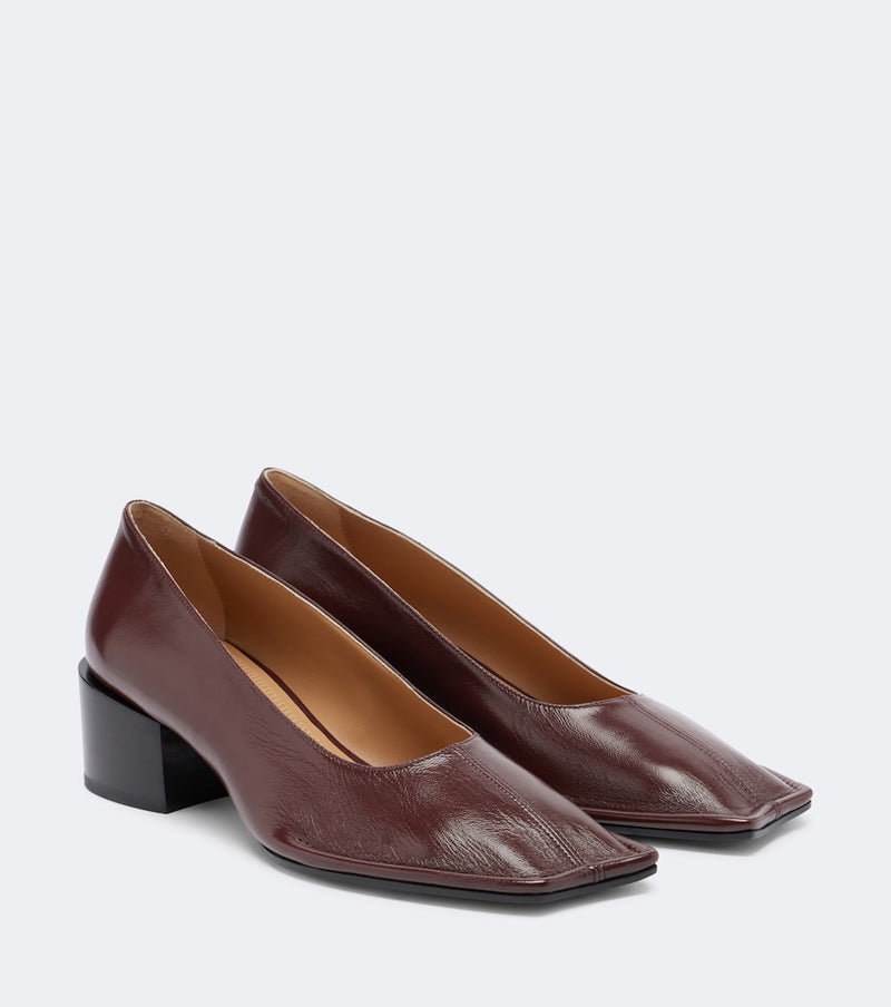 Maison Margiela Piped leather pumps — burgundy leather pumps with square toe and block heel