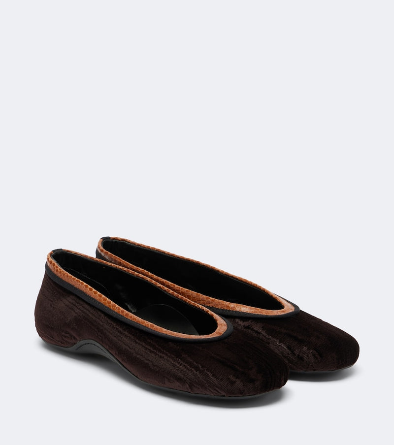 Dries Van Noten Leather-trimmed velvet ballet flats — dark brown velvet flats with tan leather trim detail