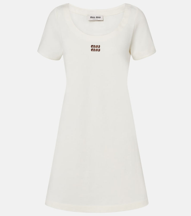 Miu Miu Leather-trimmed cotton jersey minidress