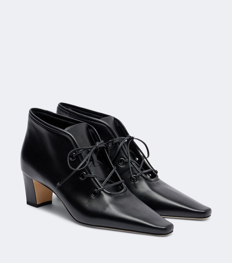 Manolo Blahnik Fuxa leather lace-up boots — black leather ankle boots with lace-up front and block heel
