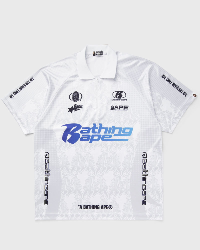 A Bathing Ape Flame Pattern Overall Print Half Zip Relax Fit Polo Shirt White