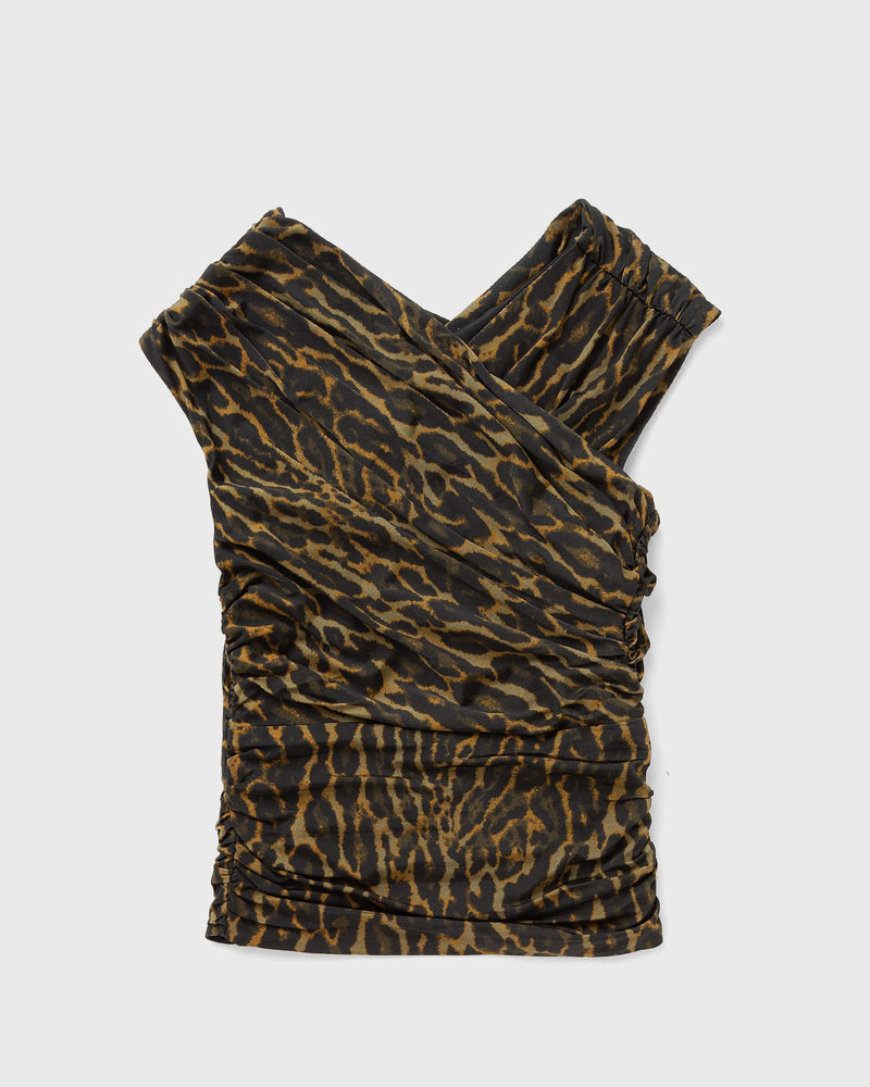 Ganni Printed Shiny Jersey Sleeveless Ruched Blouse Black|brown