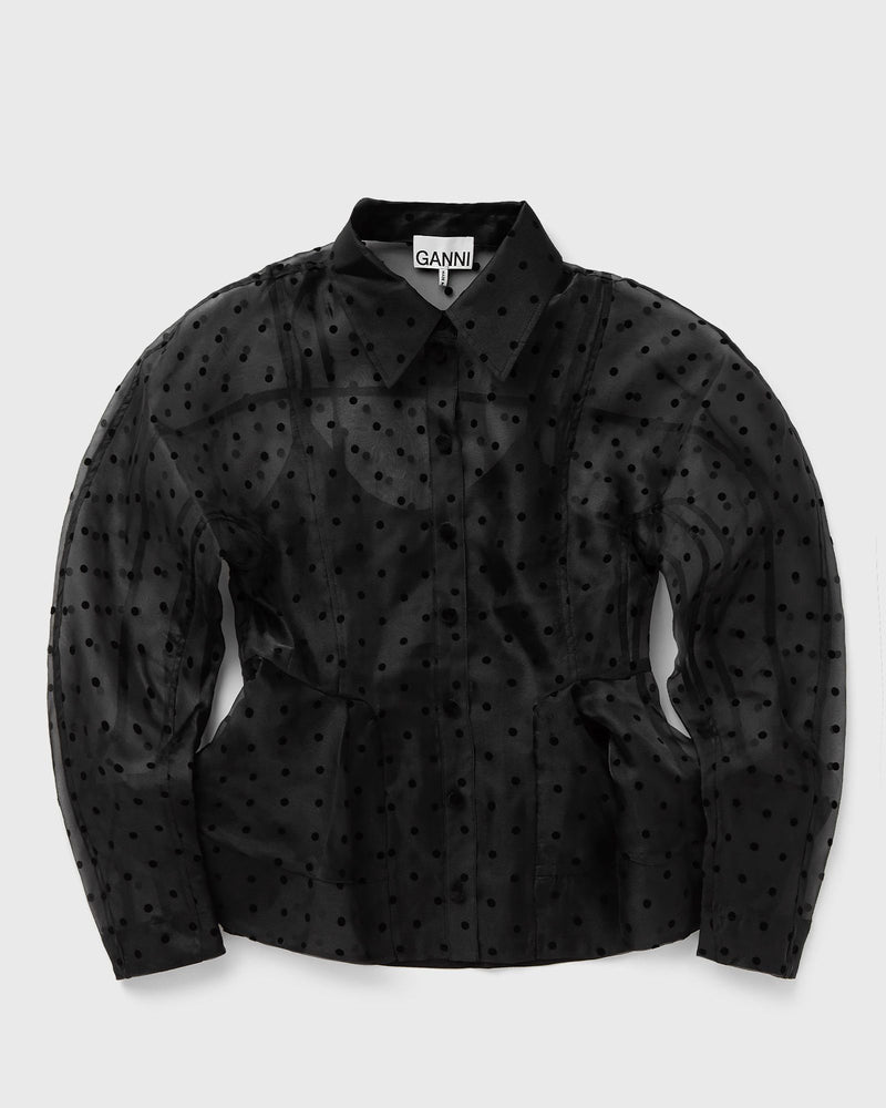 Ganni Flocked Organza Peplum Shirt Black