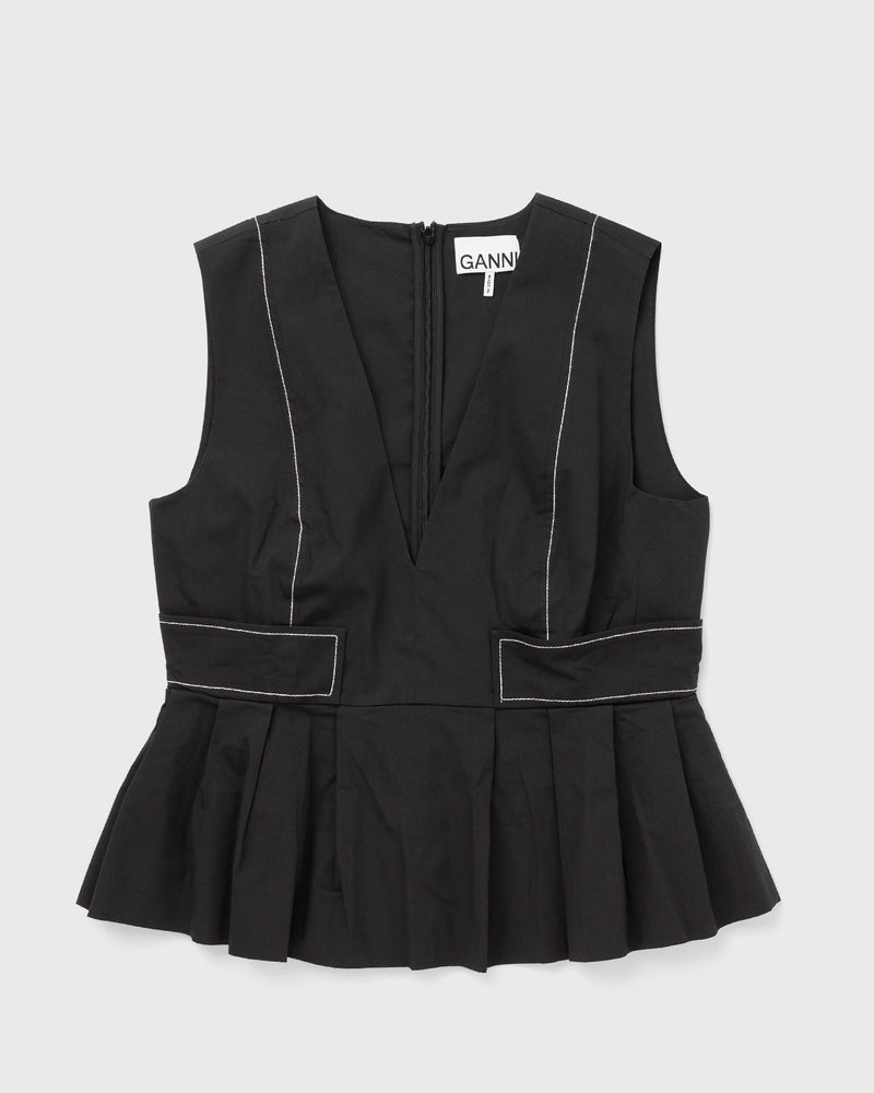 Ganni Stretch Cotton V-Neck Pocket Blouse Black