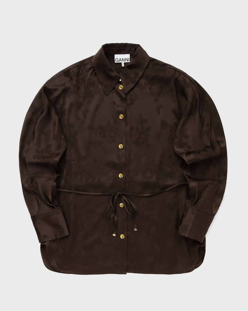 Ganni Fluid Satin Jacquard Long Sleeve Shirt Brown