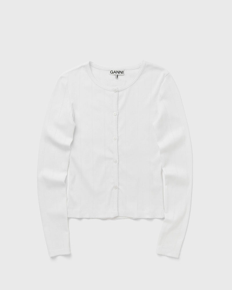 Ganni Compact Pointelle Rib Jersey Ls Button Top White
