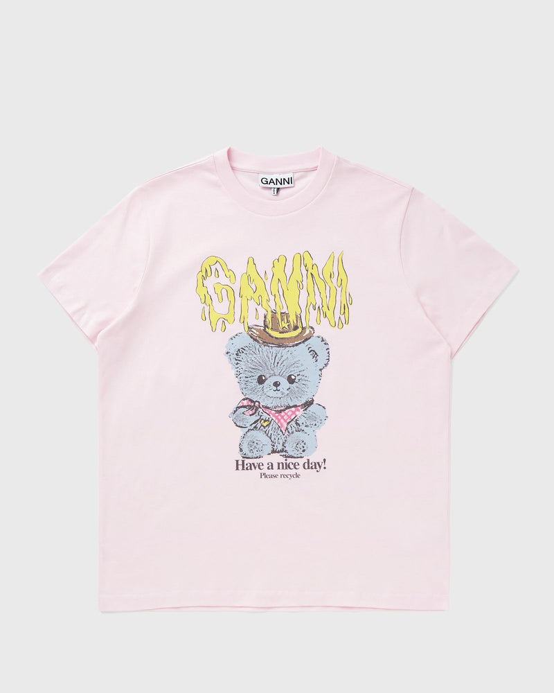 Ganni Basic Cotton Jersey Tee Cowboy Bear Print Pink