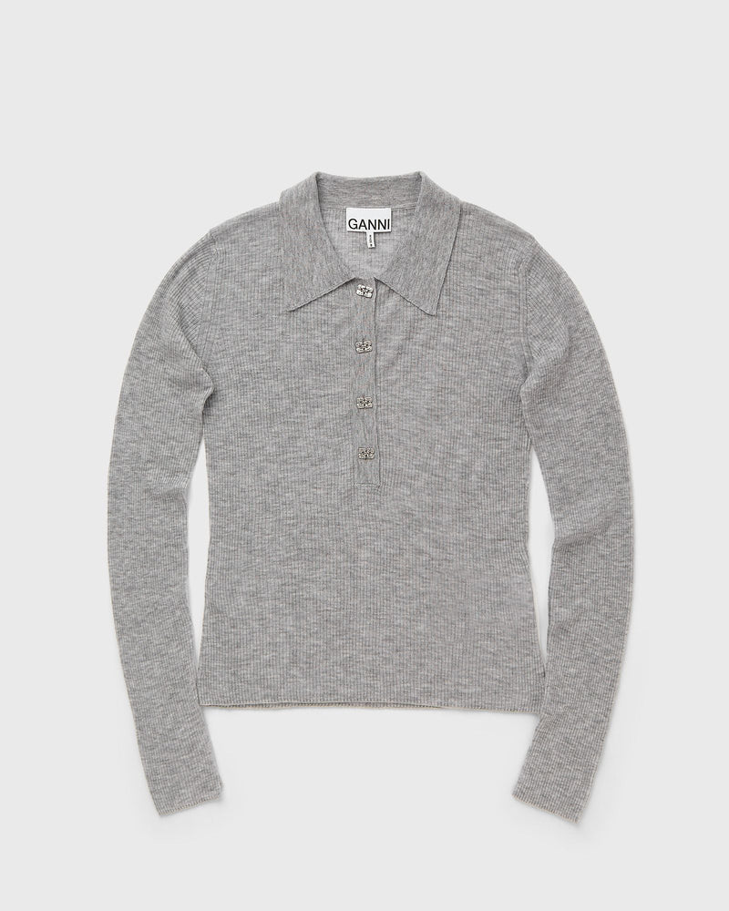 Ganni Sheer Wool Ribbed Polo Grey