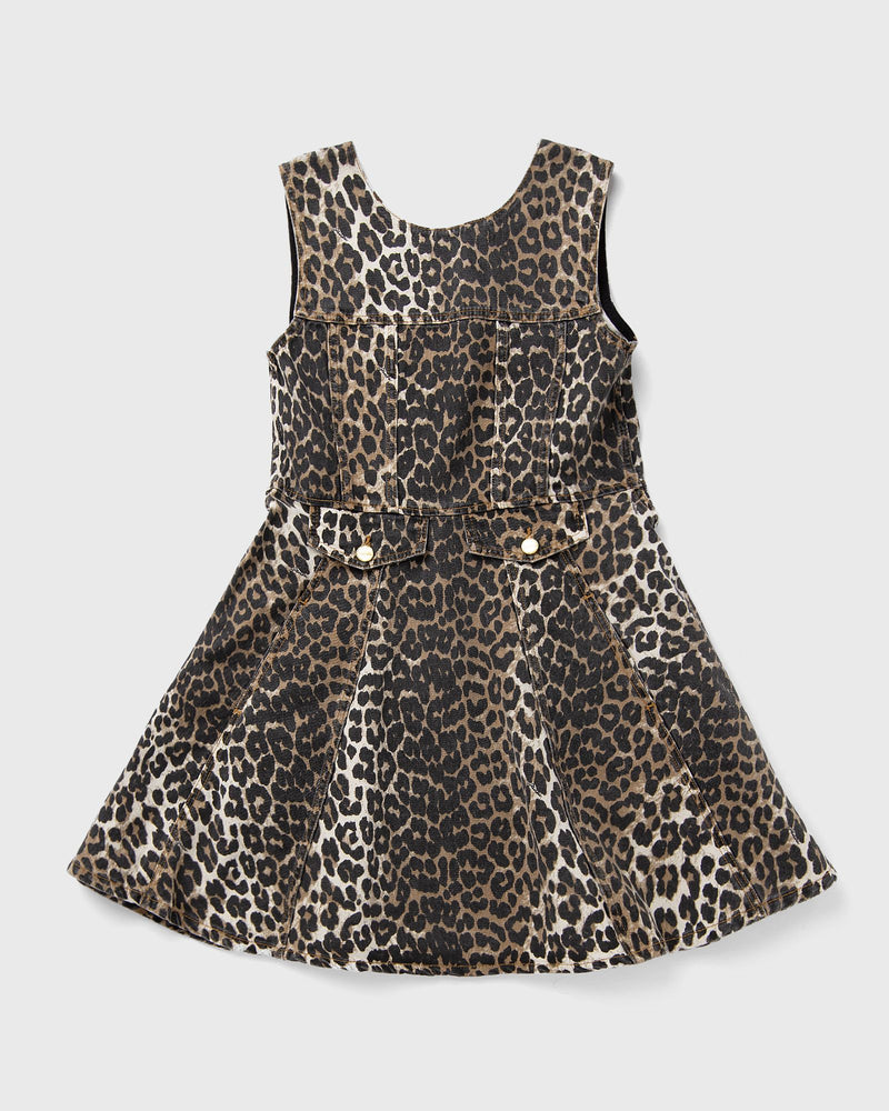 Ganni Print Denim Flounce Mini Dress Black|brown