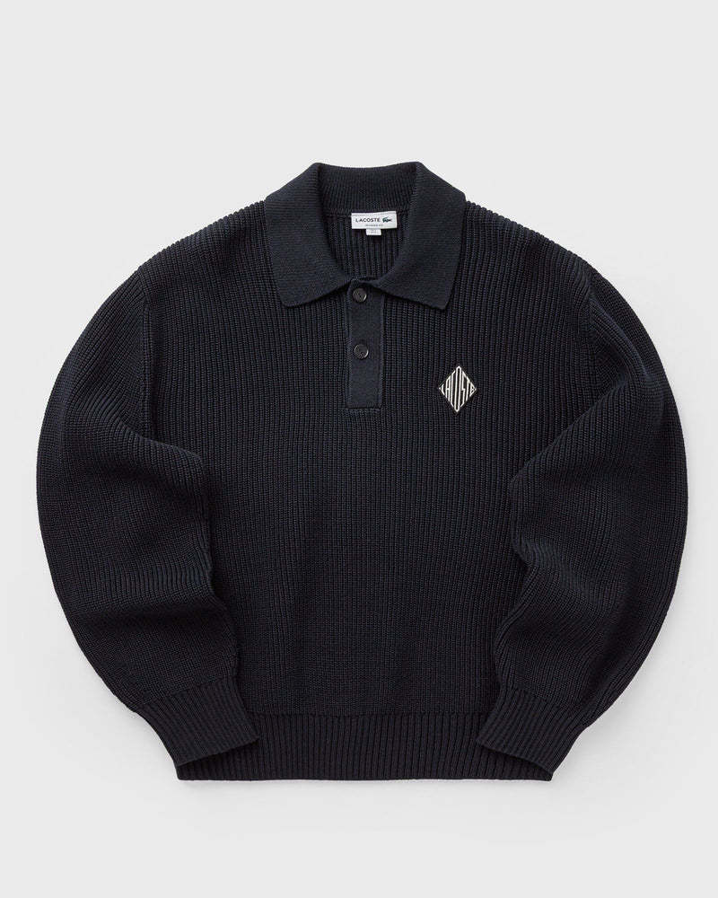 Lacoste Badge Accent Pearl Rib Polo Collar Sweater Black