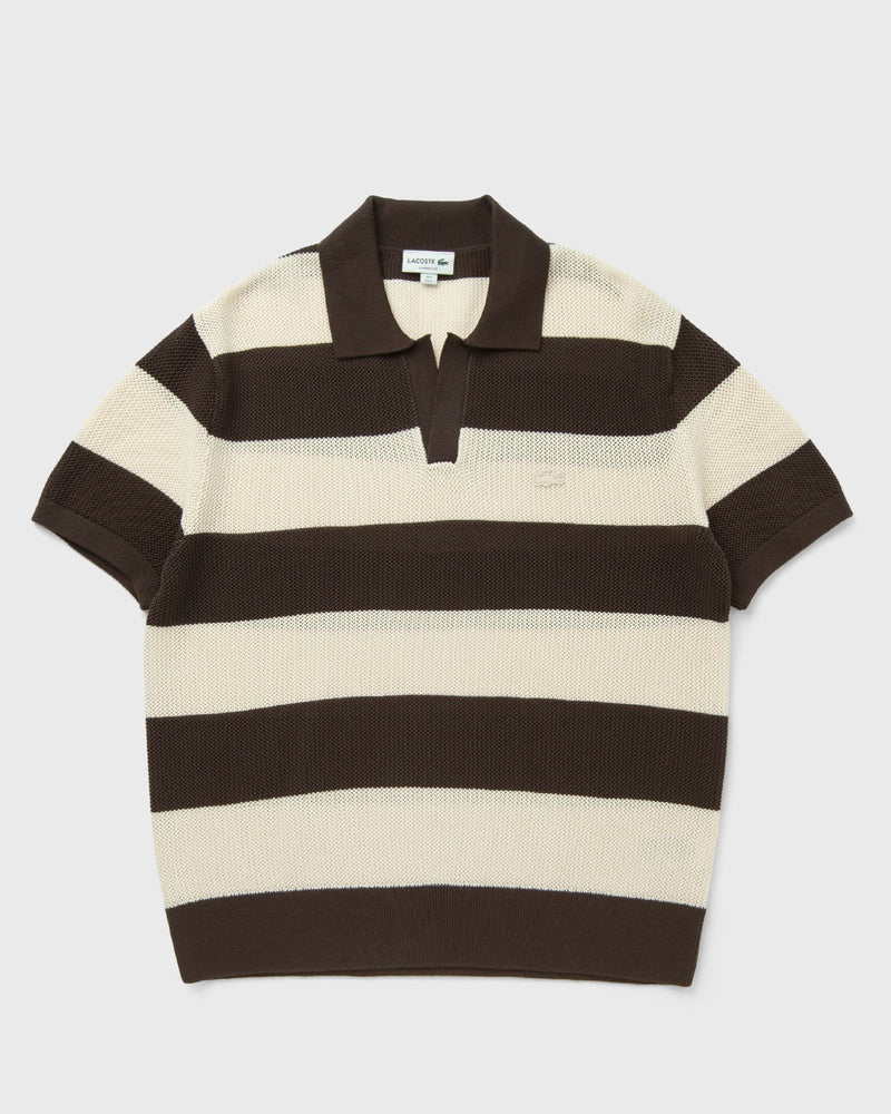Lacoste Short Sleeved Striped Polo Collar Sweater Brown|white
