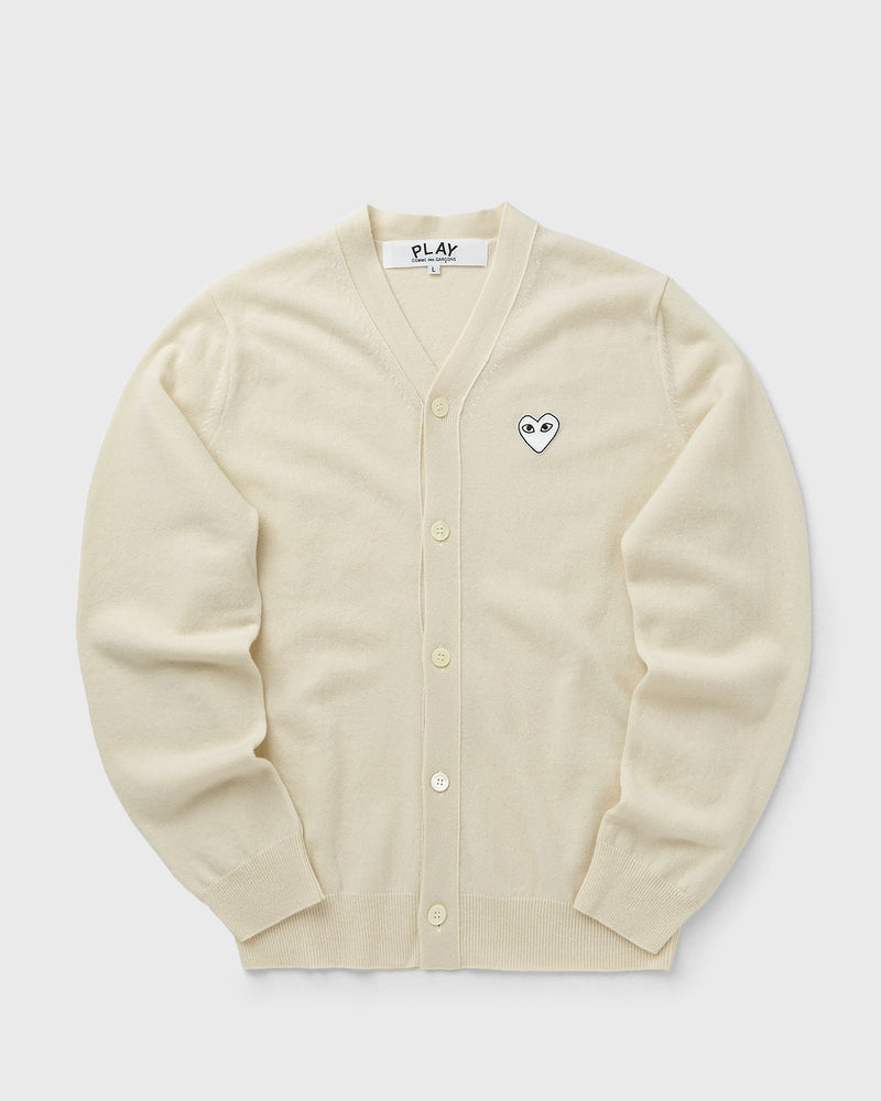 Comme des Garçons Play V-Neck Cardigan White Emblem Knit Beige