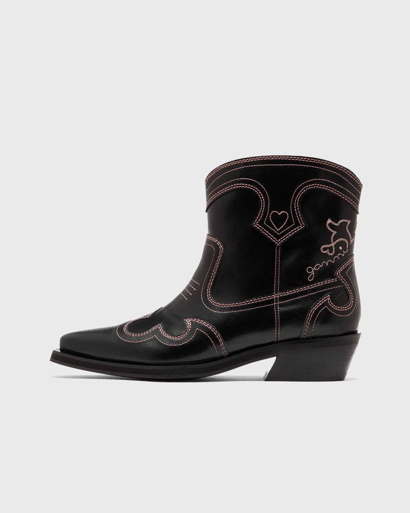 Ganni Low Shaft Embroidered Western Boot Oleatex Black