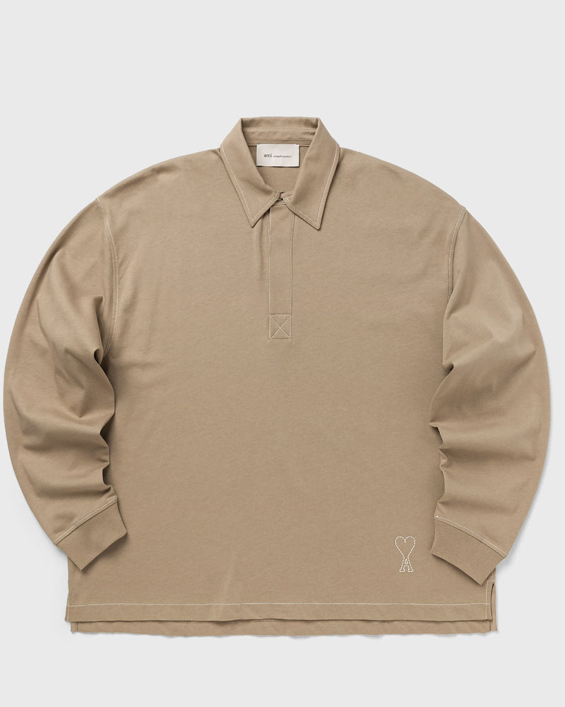 AMI Paris Long Sleeves Oversize Polo with Topstitched AMI de Coeur Beige