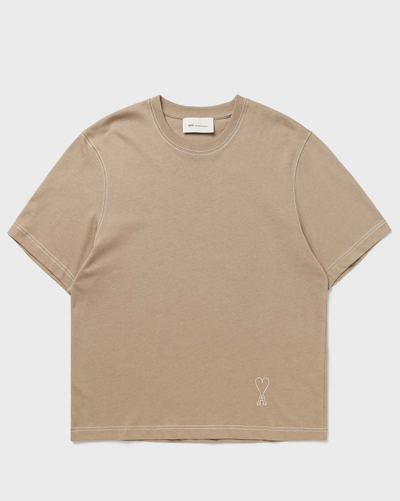 AMI Paris Short Sleeves Boxy Fit Teeshirt with Topstitched AMI de Coeur Beige