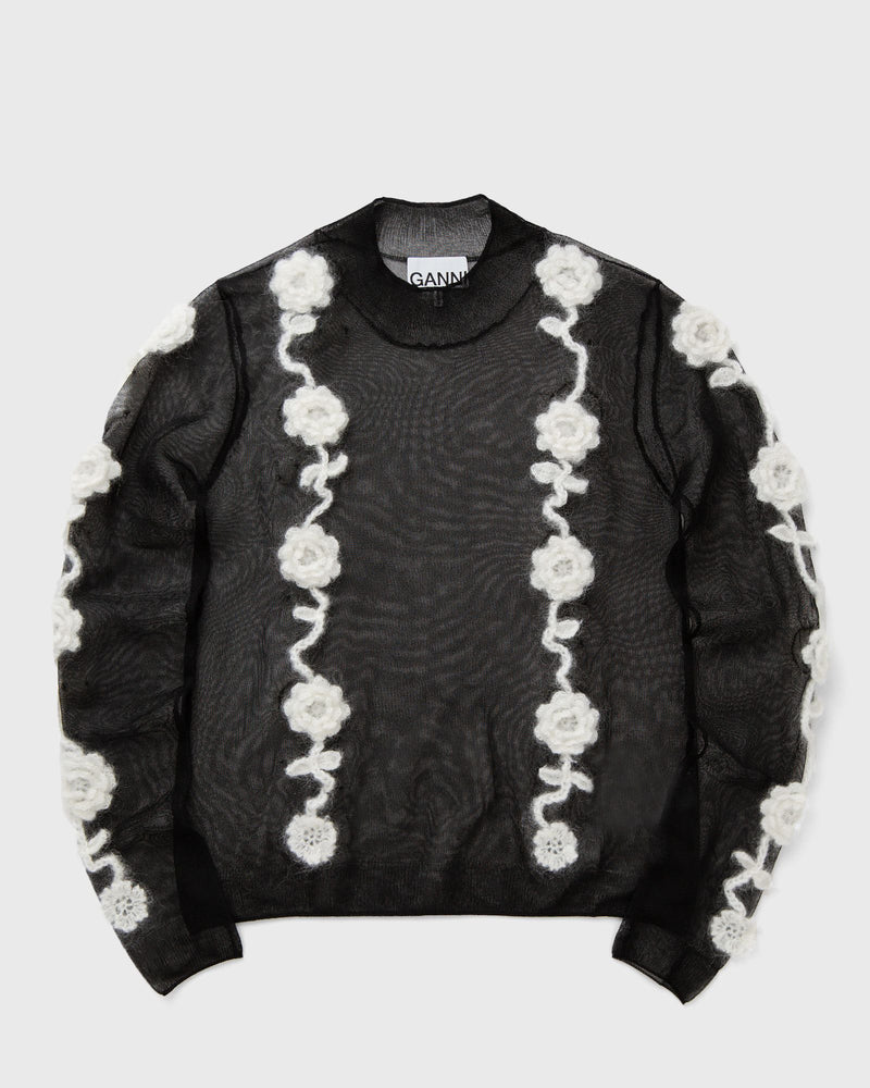 Ganni Sheer Flower Crochet Applique Top Black