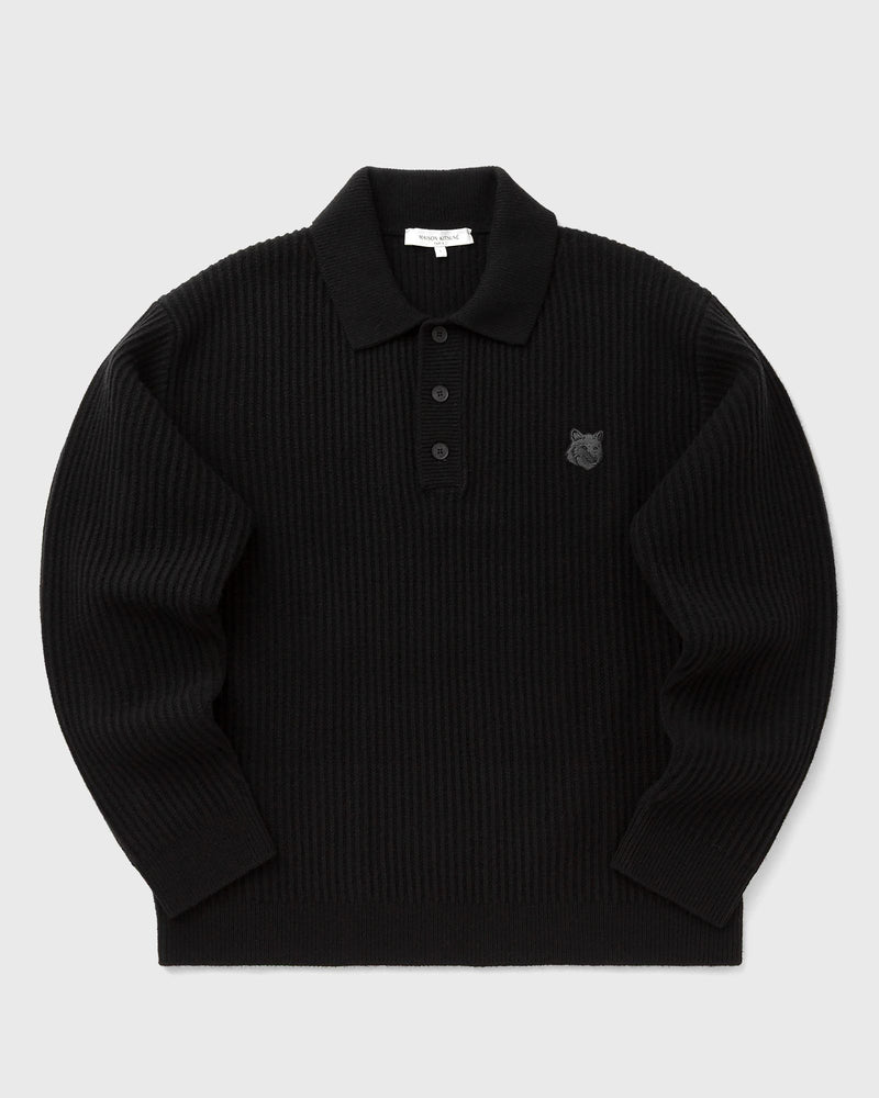 Maison Kitsune Fox Head Wool Ribbed Polo Jumper Black