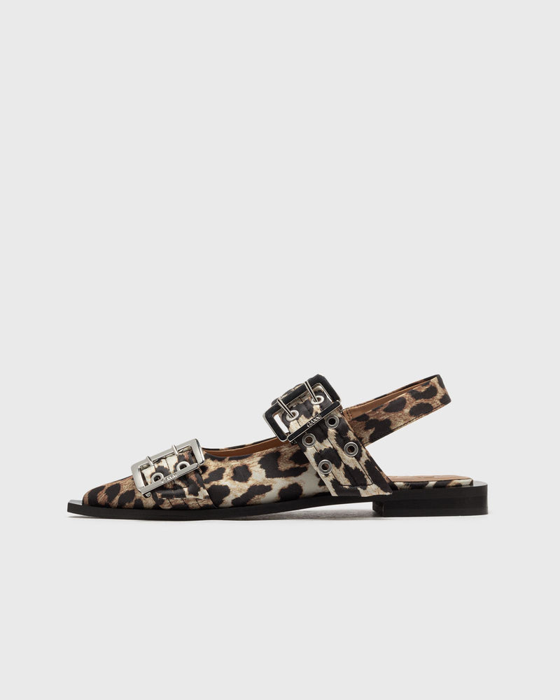 Ganni Feminine Buckle Ballerina Satin Print Brown